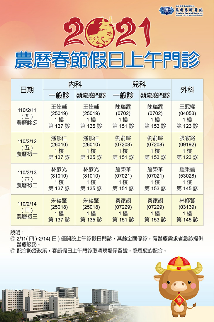 春節假期，花蓮慈院小兒科、內科、外科門診服務民